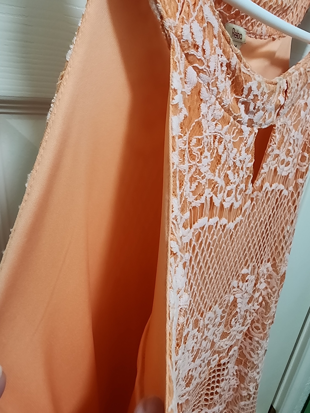 Reba Peach Lace Overlay Maxi Dress Size Medium Boho Sleeveless - Picture 8 of 12
